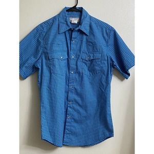 Men's Wrangler Wrancher Shirts Pearl Snap Short Sleeve Western Medium Blue